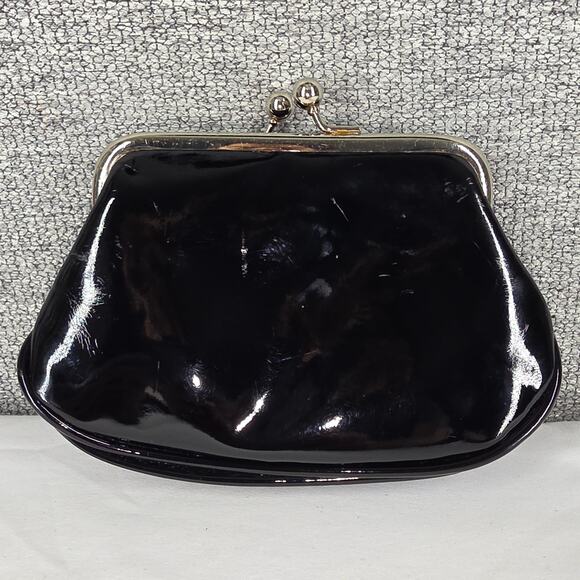 BLACK FAUX PATENT LEATHER CLUTCH PURSE W/ LOCK CHARM, BOTTOM ZIP POCKET – 7"x4" - Picture 6 of 8